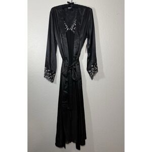 Valerie Stevens Satin Black Lace Embroidered Robe Gown Set Floral Long Sleeve L
